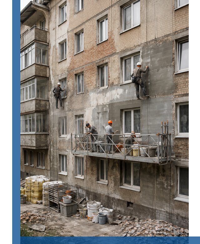 Капитальный ремонт фасада в Стерлитамаке с восстановлением и гидроизоляцией