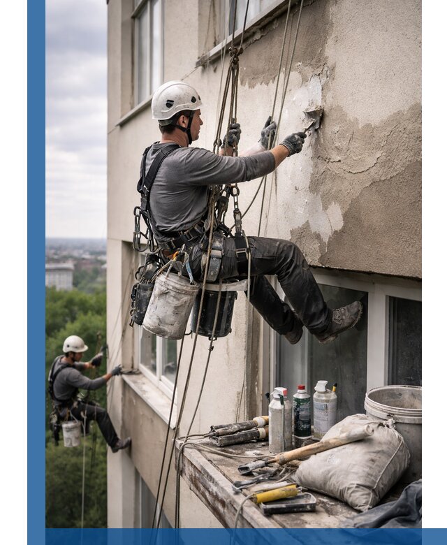 Косметический ремонт фасада зданий в Стерлитамаке промышленными альпинистами