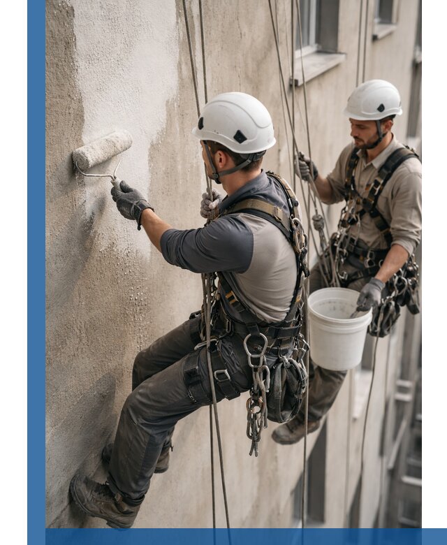 Грунтовка фасада на высоте в Стерлитамаке промышленными альпинистами