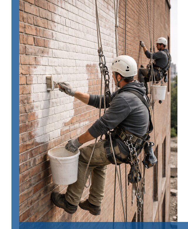 Покраска кирпичного фасада с доступным альпинистским сервисом в Стерлитамаке