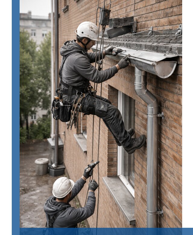 Монтаж водосточной системы на здании в Стерлитамаке под ключ