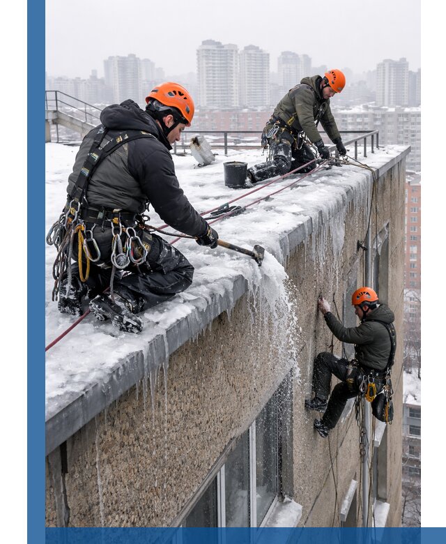 Удаление наледи с кровли в Стерлитамаке промышленными альпинистами