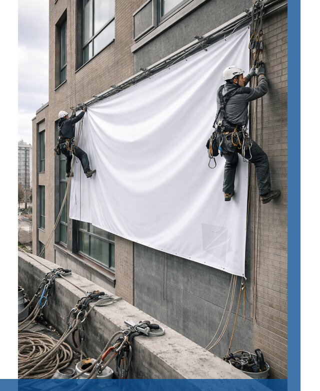 Монтаж баннеров на фасаде в Стерлитамаке от 669 р. заказать ВЫСОТНИК-Стм