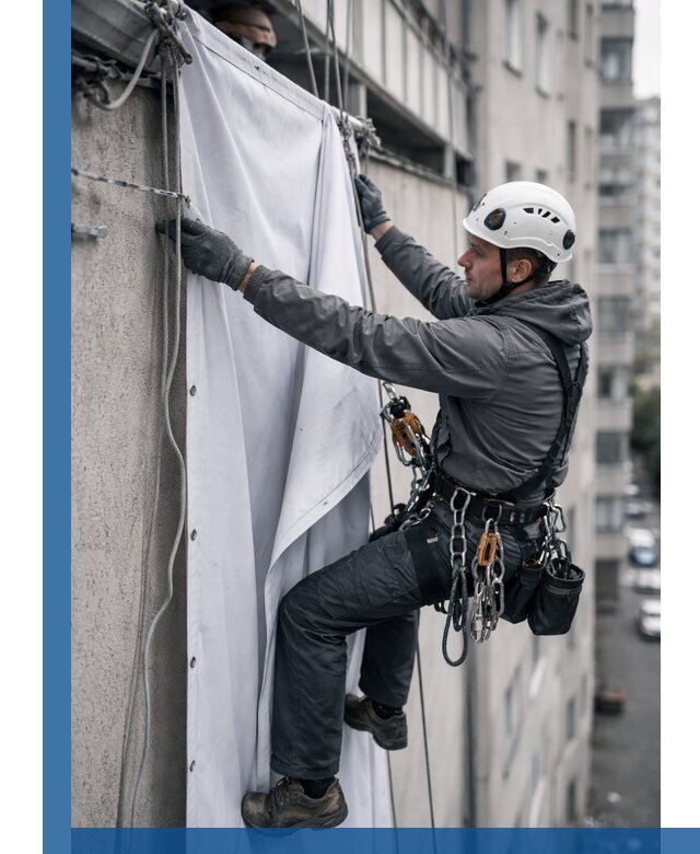 Замена баннерного полотна промышленными альпинистами в Стерлитамаке