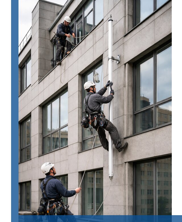 Монтаж флагштока на фасаде здания с креплением и герметикой в Стерлитамаке