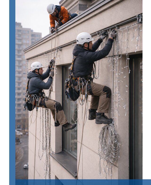 Монтаж праздничных гирлянд на фасаде в Стерлитамаке для зданий