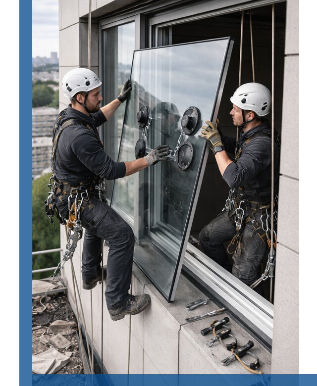Замена стеклопакетов на высоте с промышленными альпинистами в Стерлитамаке