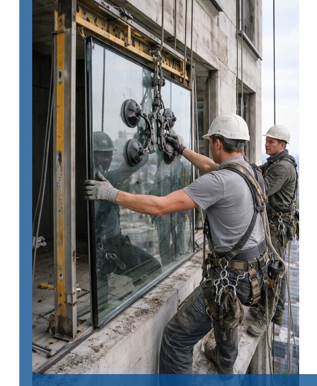 Монтаж стеклопакетов на высоте в Стерлитамаке с промышленным альпинизмом