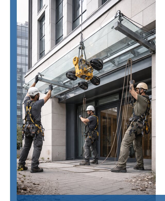 Монтаж стеклянных козырьков под ключ в Стерлитамаке для зданий