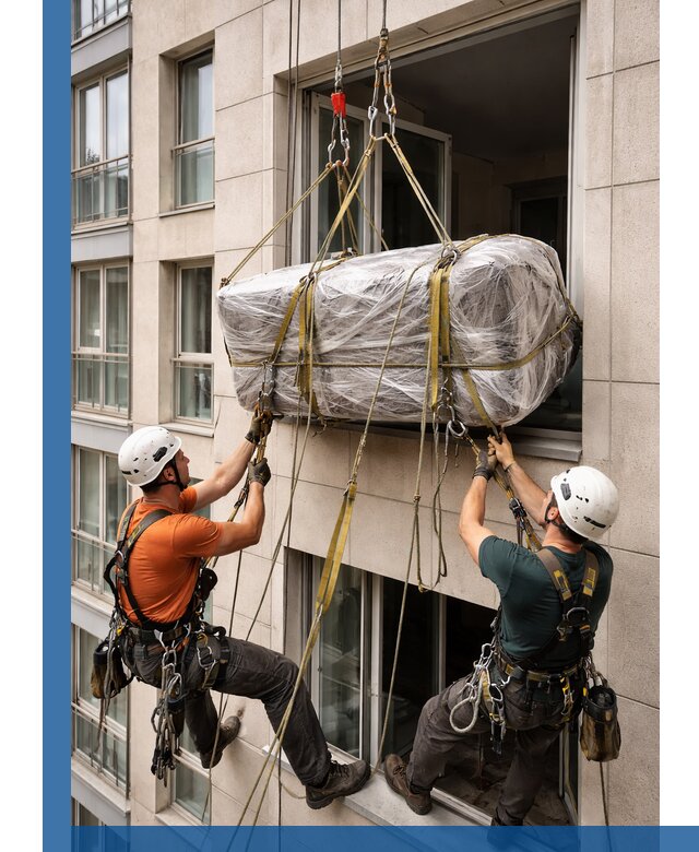 Подъем грузов через окно в Стерлитамаке промышленными альпинистами