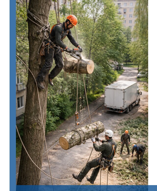 Спил деревьев альпинистами в Стерлитамаке, безопасно и без повреждений