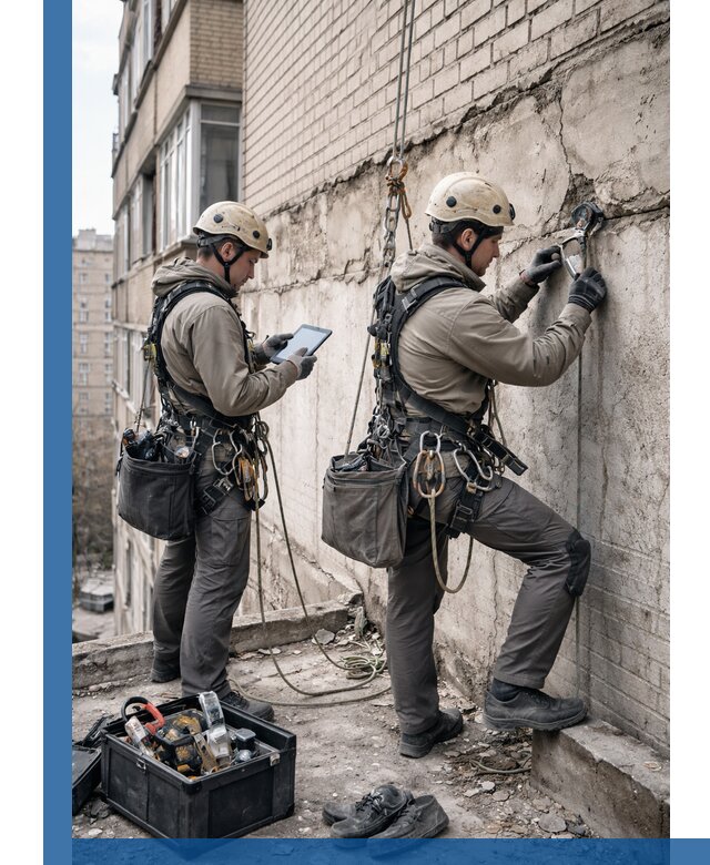 Обследование фасада промышленными альпинистами в Стерлитамаке